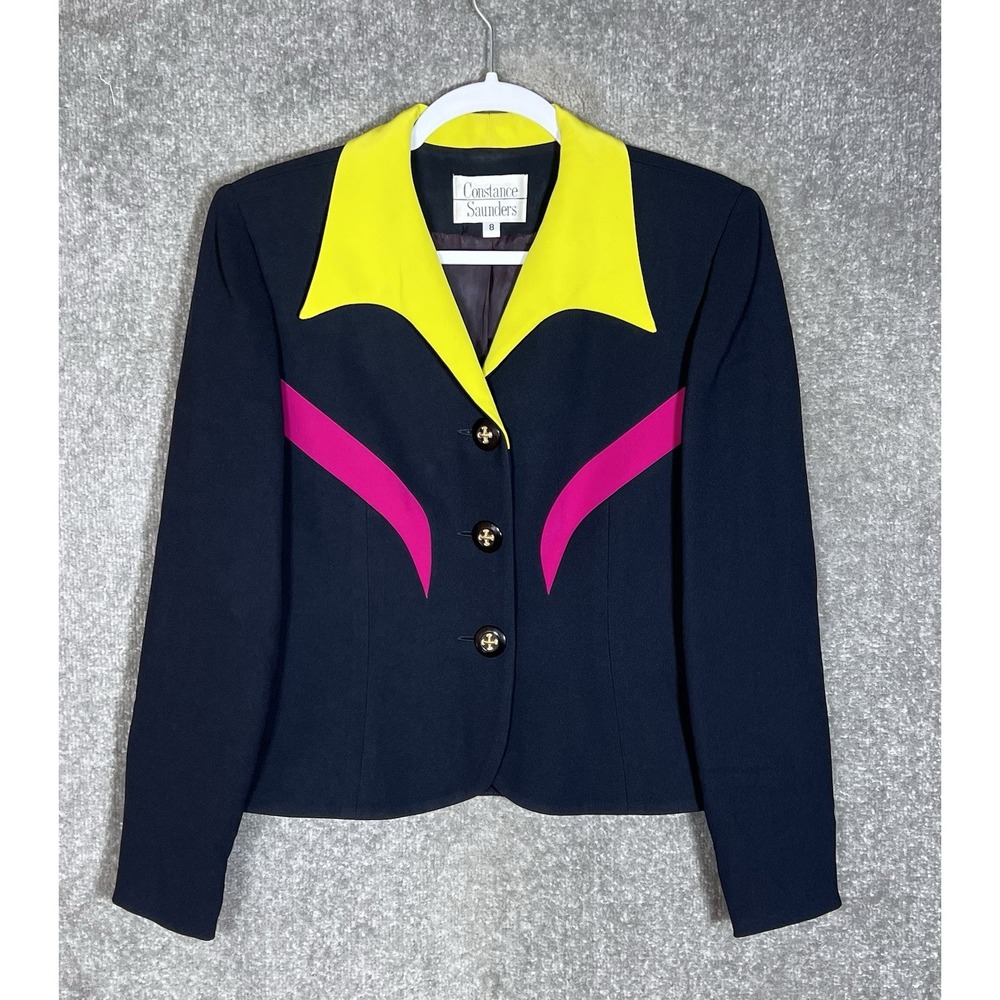 Vintage Constance Saunders Colorblock Blazer Womens Sz 8 Blue Pink Yellow USA